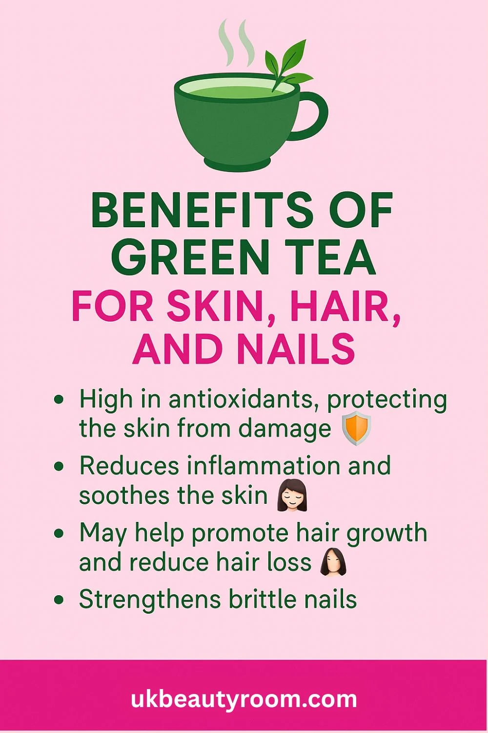 This infographic lists the benefits of green tea for skin, hair, and nails. It says green tea is high in antioxidants, which protect the skin from damage. It reduces inflammation, soothes the skin, may promote hair growth, reduce hair loss, and strengthens brittle nails. The design includes a green tea cup illustration and the website ukbeautyroom.com at the bottom.
