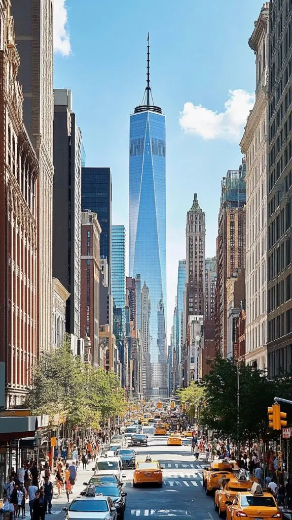 A bustling New York City street filled with cars and pedestrians, featuring the One World Trade Center towering in the background under a clear blue sky, suitable for NYC winter wallpaper iPhone and New York art wallpaper.
