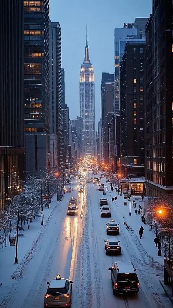 A snowy street scene in New York City features the Empire State Building illuminated in the distance, with cars navigating through the snow and pedestrians walking along the sidewalks, creating a serene winter landscape ideal for a NYC winter wallpaper.