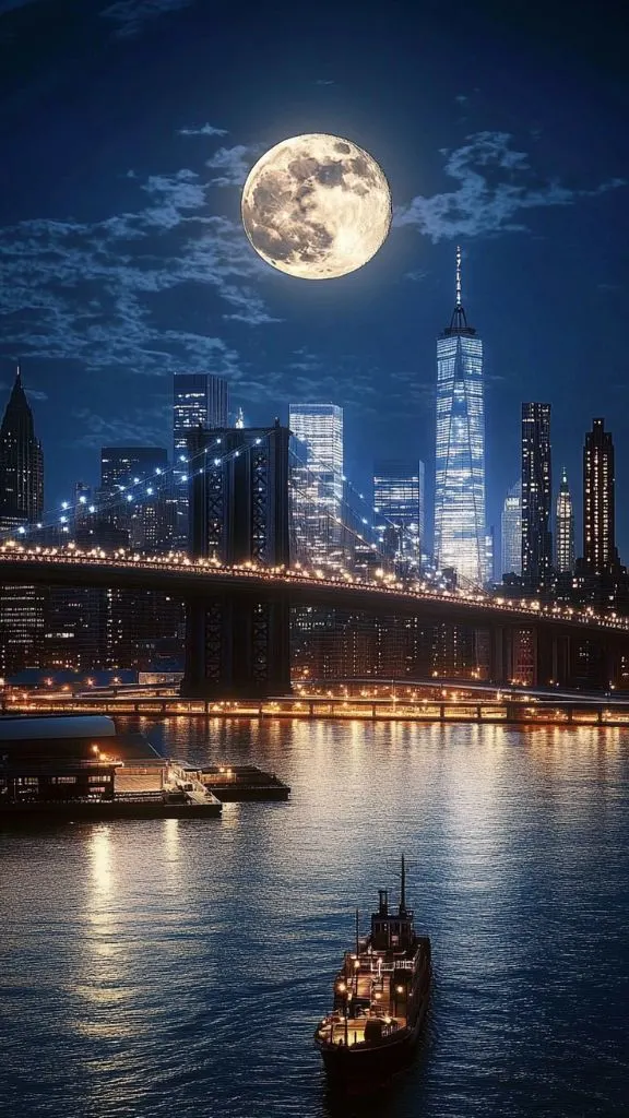 A night view of the New York City skyline features a full moon overhead, illuminated skyscrapers, and a boat on the water, creating a serene urban landscape ideal for a New York art wallpaper or vision board travel theme.