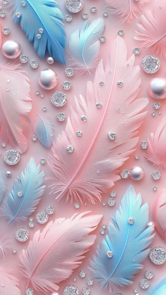 A light pink background features a pattern of pastel blue and pink feathers, along with pearls and sparkling gems, creating a simple, girly, kawaii aesthetic suitable for a lockscreen wallpaper.