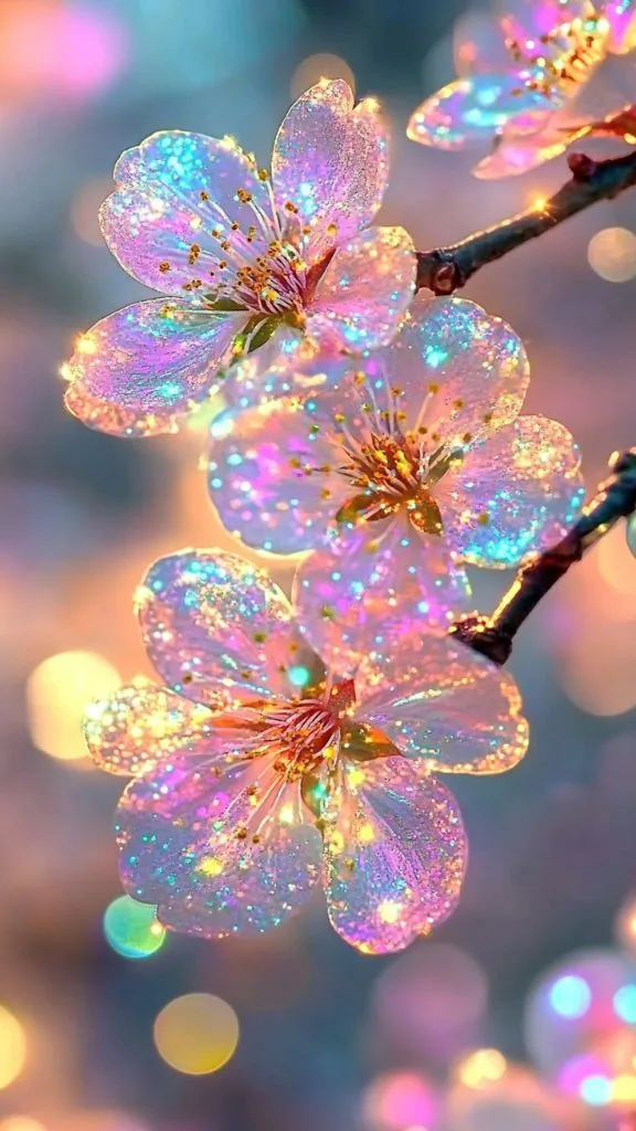 A close-up of iridescent pink flowers with sparkles, set against a soft, blurred background, suitable for backgrounds, lockscreen, or aesthetic purposes.