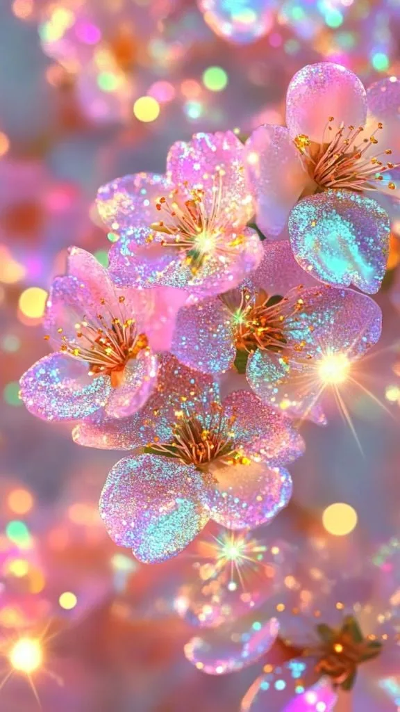 A close-up image of sparkling pink flowers with glittery petals and a colorful, blurry background, suitable for pastel-themed lockscreen ideas or unicorn wallpaper aesthetics.