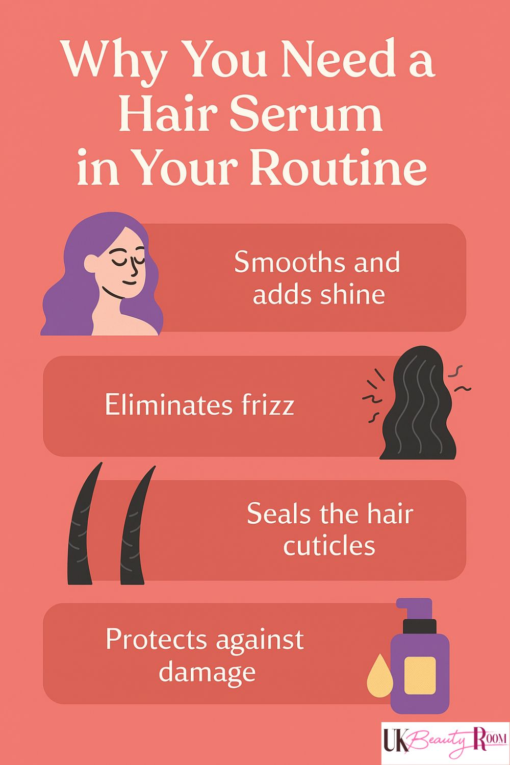 This infographic explains why you need a hair serum in your routine. It highlights four benefits: smoothing and adding shine, eliminating frizz, sealing the hair cuticles, and protecting against damage. The design includes illustrations of a woman with shiny hair, frizzy hair, hair strands, and a bottle of serum, with the UK Beauty Room logo at the bottom.