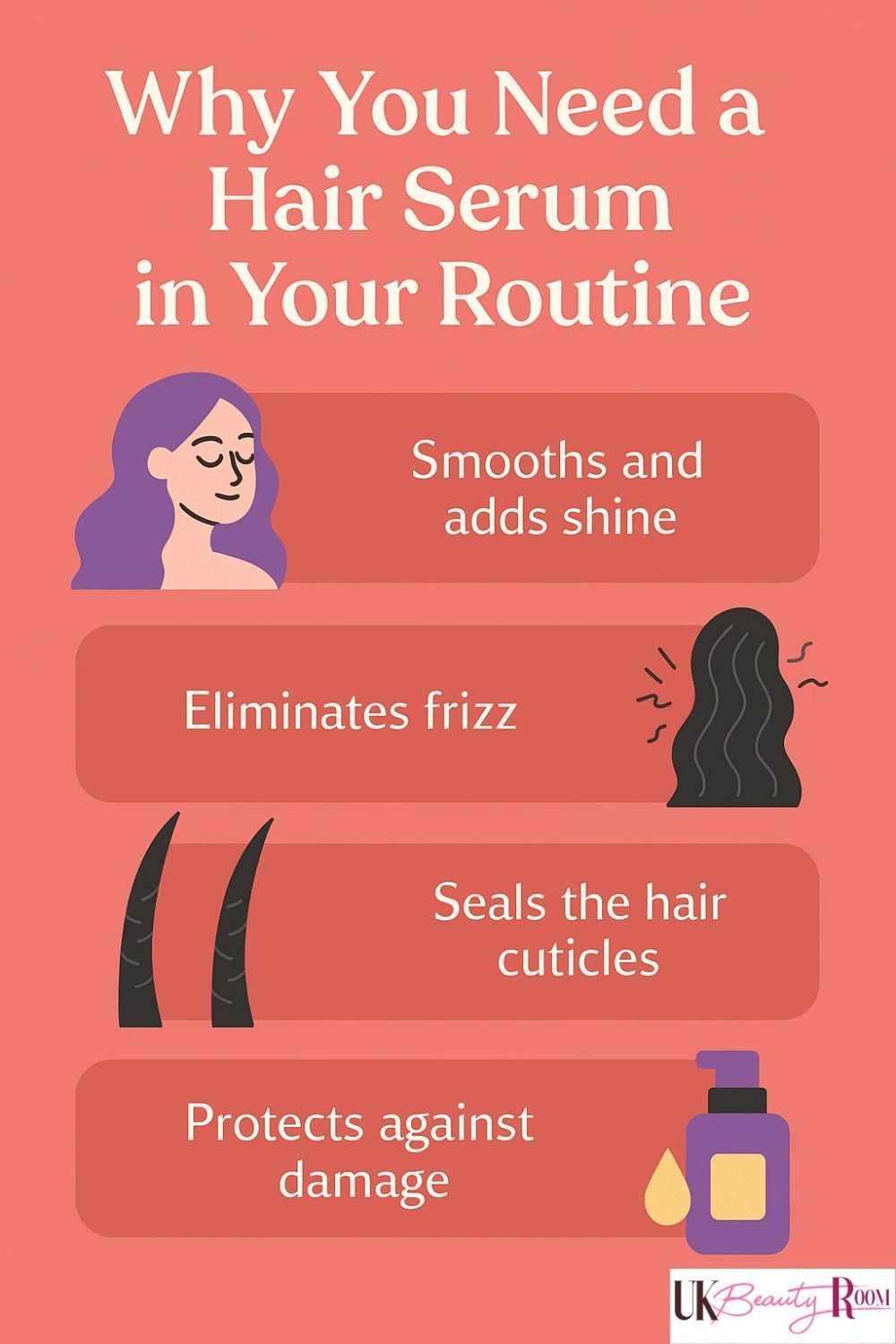 This infographic explains why you need a hair serum in your routine. It highlights four benefits: smoothing and adding shine, eliminating frizz, sealing the hair cuticles, and protecting against damage. The design includes illustrations of a woman with shiny hair, frizzy hair, hair strands, and a bottle of serum, with the UK Beauty Room logo at the bottom.