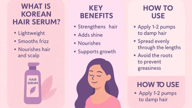 Infographic explaining Korean hair serum. It describes what it is, including being lightweight, smoothing frizz, and nourishing hair and scalp. Key benefits include strengthening hair, adding shine, nourishing, and supporting growth. Instructions include applying 1–2 pumps to damp hair, spreading evenly through the lengths, and avoiding the roots to prevent greasiness.