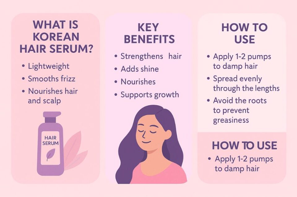 Infographic explaining Korean hair serum. It describes what it is, including being lightweight, smoothing frizz, and nourishing hair and scalp. Key benefits include strengthening hair, adding shine, nourishing, and supporting growth. Instructions include applying 1–2 pumps to damp hair, spreading evenly through the lengths, and avoiding the roots to prevent greasiness.