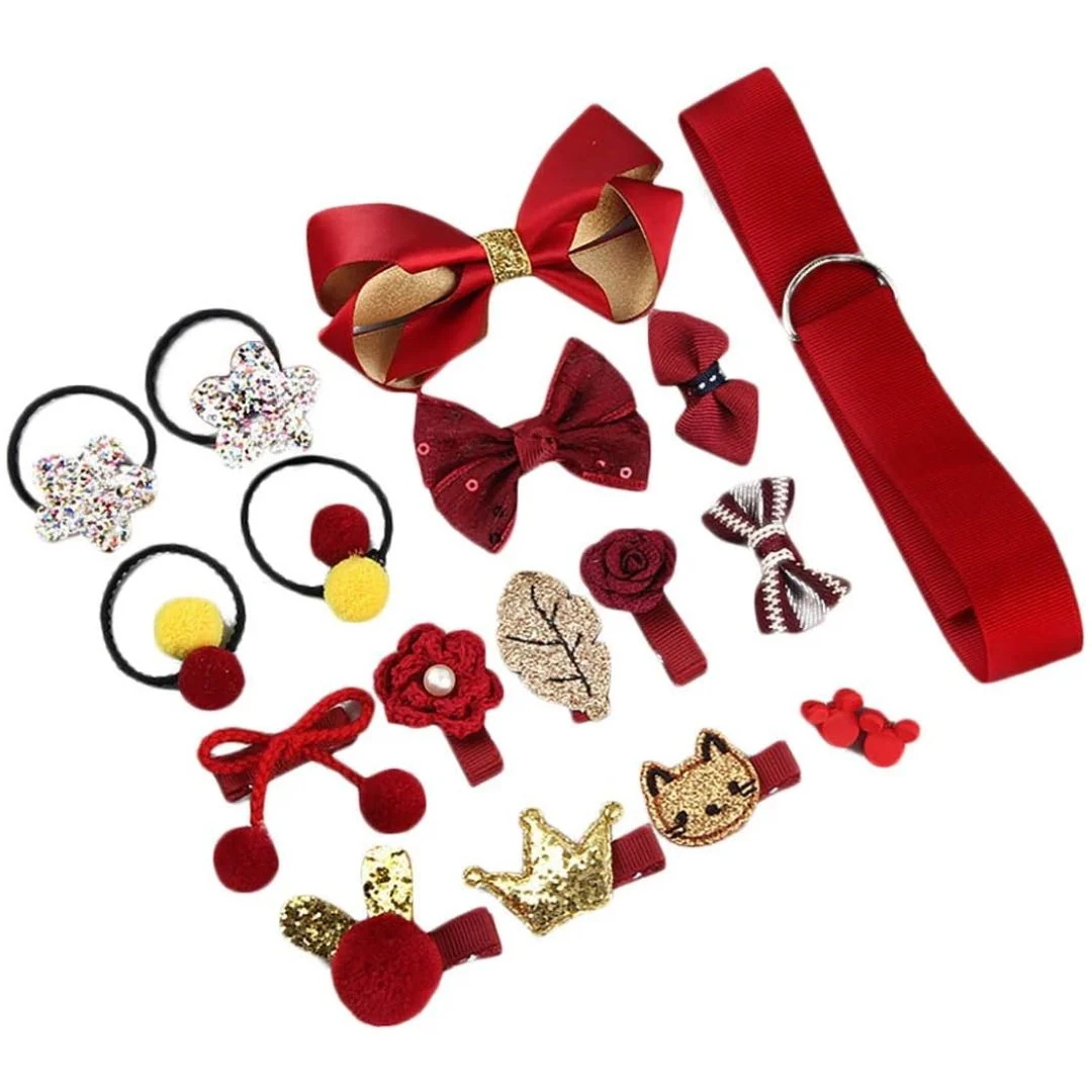 8-piece set of baby girl hair accessories including small hair clips, bows, ties, barrettes, and hair claws in red, ideal for birthdays, Christmas, and Children's Day gifts.