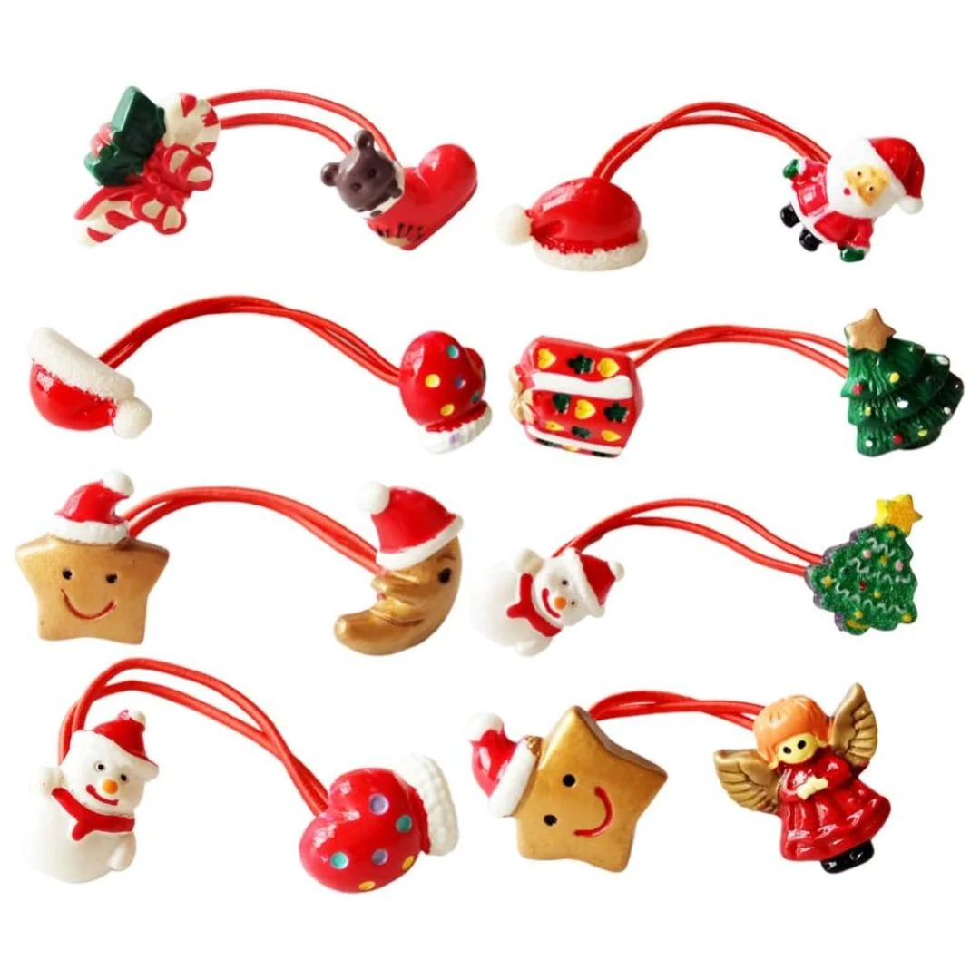 Set of 8 Christmas hair ties featuring snowman, Santa, tree, star, moon, and holiday-themed designs, perfect for girls during the holiday season.