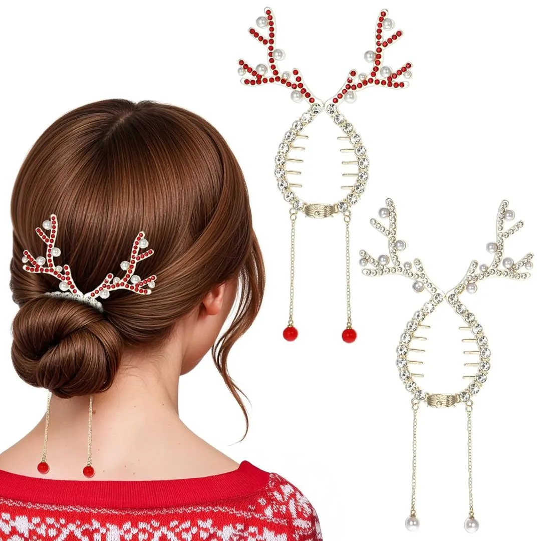 2-piece set of Christmas reindeer ponytail holders with rhinestone and pearl details, perfect holiday hair accessories for women and girls.