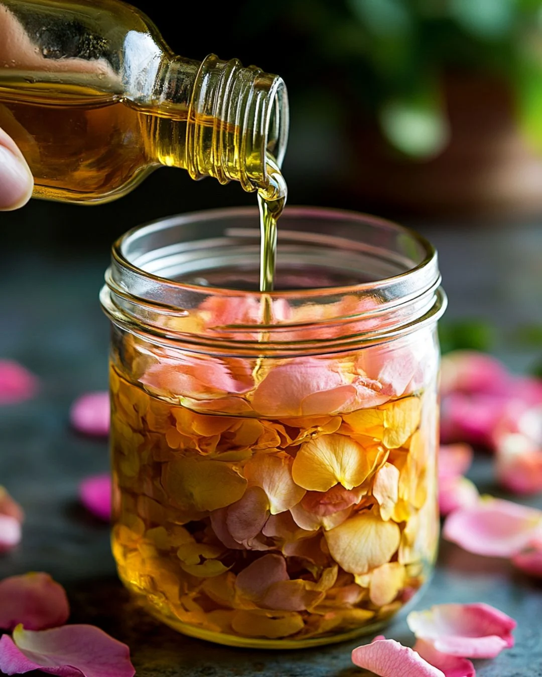 Want to make rose petal oil at home? 🌹 This DIY, homemade oil is perfect for body, hair, and lips! Simply add dried rose petals to a carrier oil like almond or olive and let it sit for 2 weeks for a deeply infused blend. The benefits? Hydration, glow, and a floral scent! Add a few drops of essential oils for extra nourishment. Perfect for self-care! ✨ #DIYBeauty