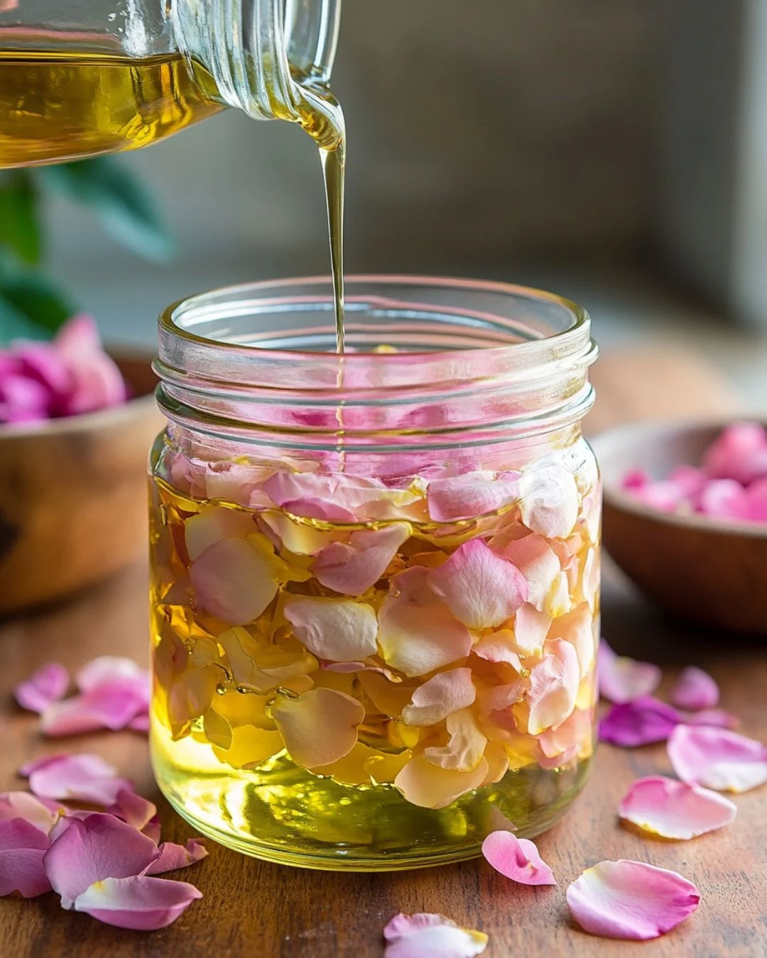 Want to make rose petal oil at home? 🌹 This DIY, homemade oil is perfect for body, hair, and lips! Simply add dried rose petals to a carrier oil like almond or olive and let it sit for 2 weeks for a deeply infused blend. The benefits? Hydration, glow, and a floral scent! Add a few drops of essential oils for extra nourishment. Perfect for self-care! ✨ #DIYBeauty