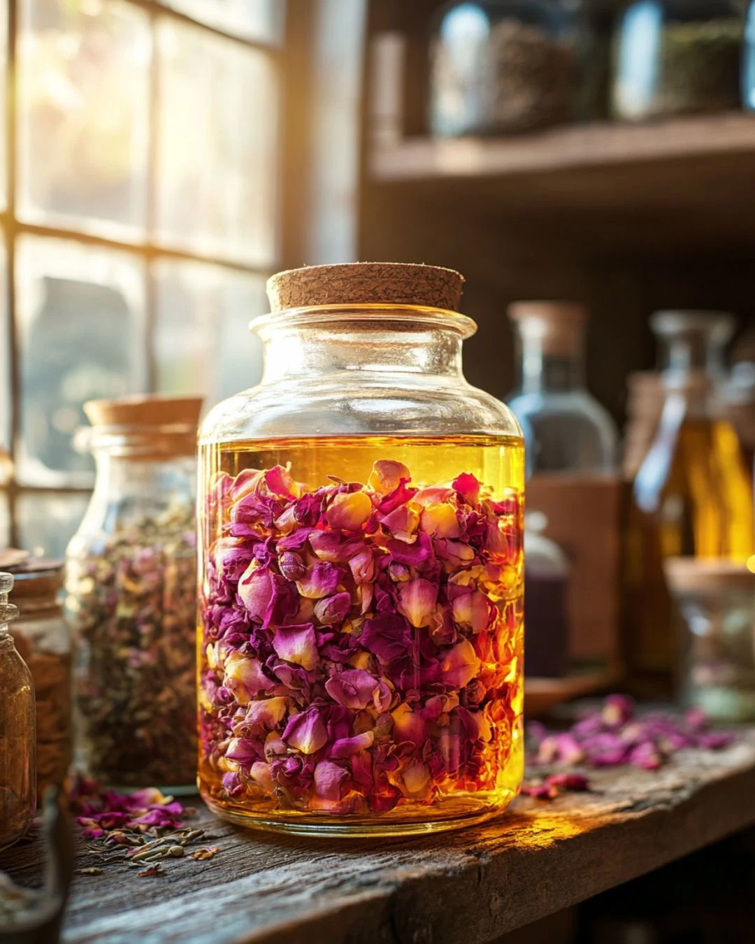 Want to make rose petal oil at home? 🌹 This DIY, homemade oil is perfect for body, hair, and lips! Simply add dried rose petals to a carrier oil like almond or olive and let it sit for 2 weeks for a deeply infused blend. The benefits? Hydration, glow, and a floral scent! Add a few drops of essential oils for extra nourishment. Perfect for self-care! ✨ #DIYBeauty