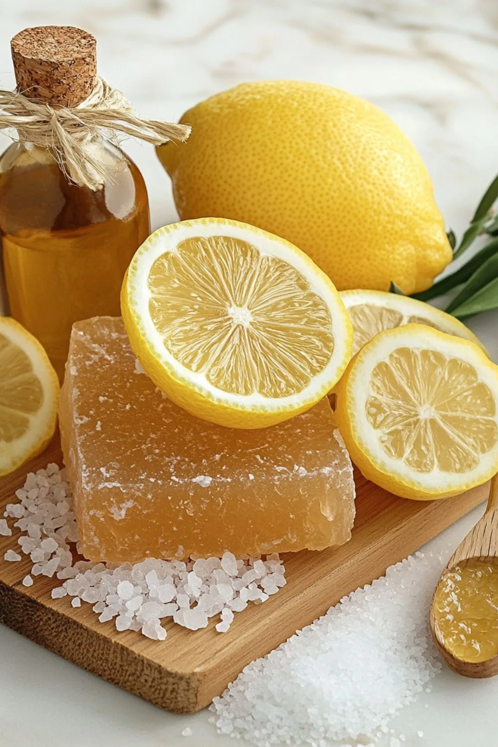 A wooden platter displays halved lemons, a jar of liquid, a block of light-colored soap, and coarse salt, suggesting ingredients for DIY hair color removal or at-home hair bleaching.