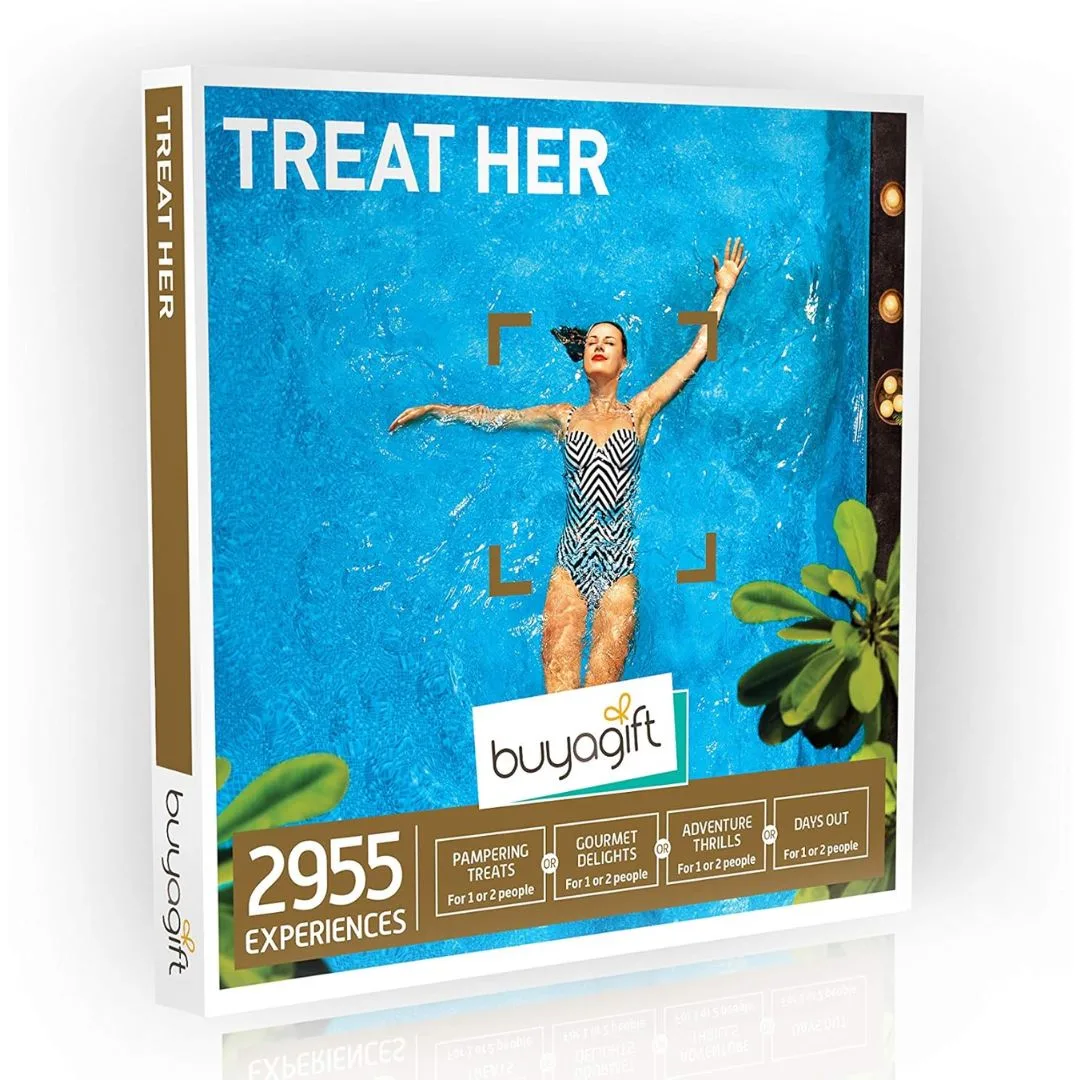 Buyagift Treat Her Gift Experience Box, offering over 2,955 gift options for her. The box includes a variety of experiences such as spa packages, afternoon tea, and other personalized gift experiences. Perfect for gifting on special occasions like birthdays, anniversaries, or holidays.
