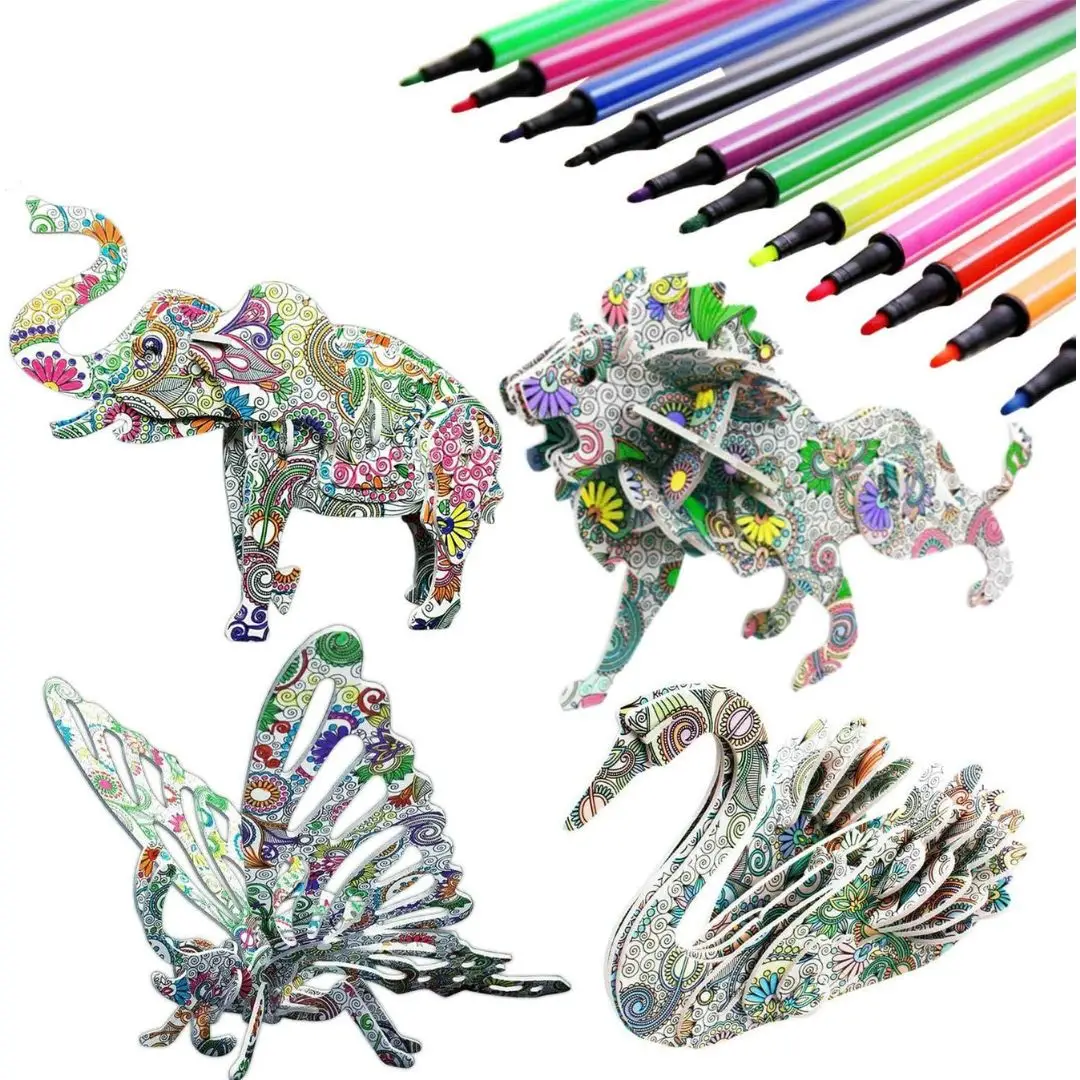 Jiaweixiang 3D Coloring Puzzle Set, featuring 4 animal-themed puzzles (butterfly, lion, elephant, swan) and 12 color pens. Designed for kids aged 5-12, this DIY art and crafts toy helps develop creativity, spatial imagination, and motor skills. Ideal as a birthday, Christmas, or educational gift for children, it offers both coloring and assembling activities that enhance cognitive abilities and provide relaxation.