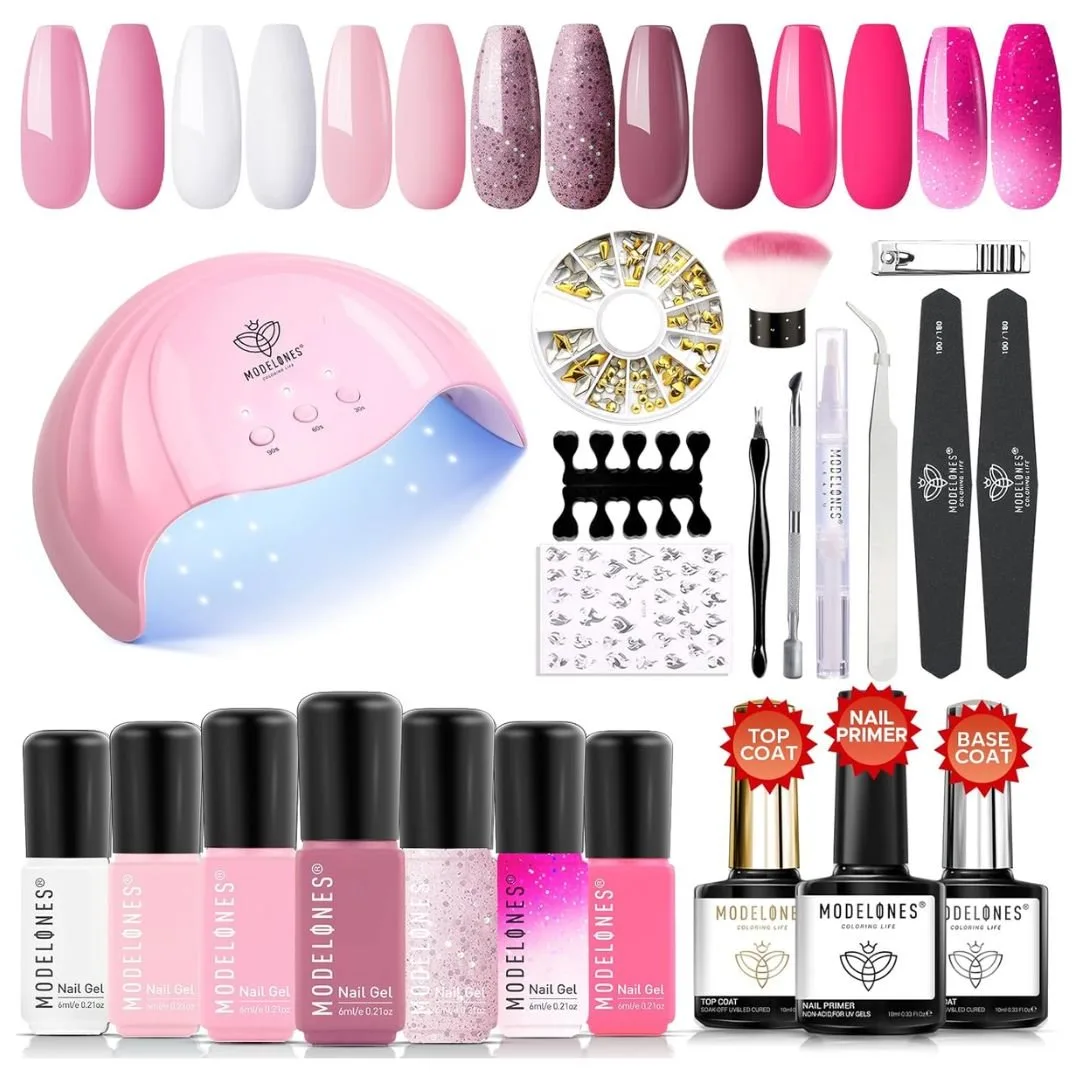 Modelones Gel Nail Polish Kit with 48W LED Light includes 7 colors of glitter nude pink and white gel polish, a no-wipe base and top coat, nail primer, professional manicure tools, rhinestone nail gems, and flame nail stickers. The UV LED lamp has 3 timer settings and dries nails up to 2x faster. This set is ideal for beginners and provides salon-quality nails at home, lasting 28+ days. The gel polishes are non-toxic, cruelty-free, and safe for use on nails. Perfect gift for holidays and special occasions.