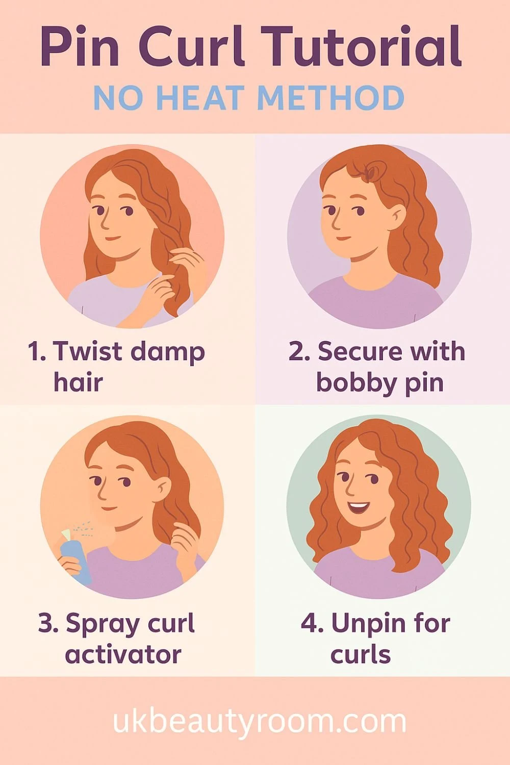 This infographic gives a simple, no-heat method to create curls using pin curls. Start by twisting damp hair. Next, secure each twist with a bobby pin. Then, spray a curl activator to help set the curls. Once the hair is dry, gently remove the pins to reveal soft curls. This method is gentle and heat-free, making it ideal for wavy or fine hair.