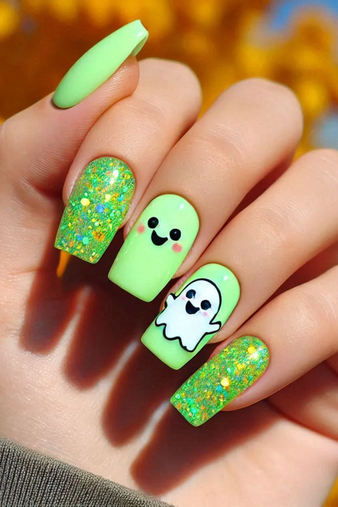 Explore stunning green nail designs for fall, featuring glitter, bright colors, and fun seasonal nail art. From deep emerald and olive tones to whimsical autumn-themed stickers, these trendy ideas will add a stylish and festive touch to your autumn look.
