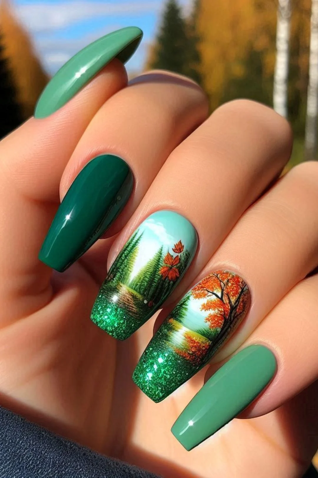 Explore stunning green nail designs for fall, featuring glitter, bright colors, and fun seasonal nail art. From deep emerald and olive tones to whimsical autumn-themed stickers, these trendy ideas will add a stylish and festive touch to your autumn look.