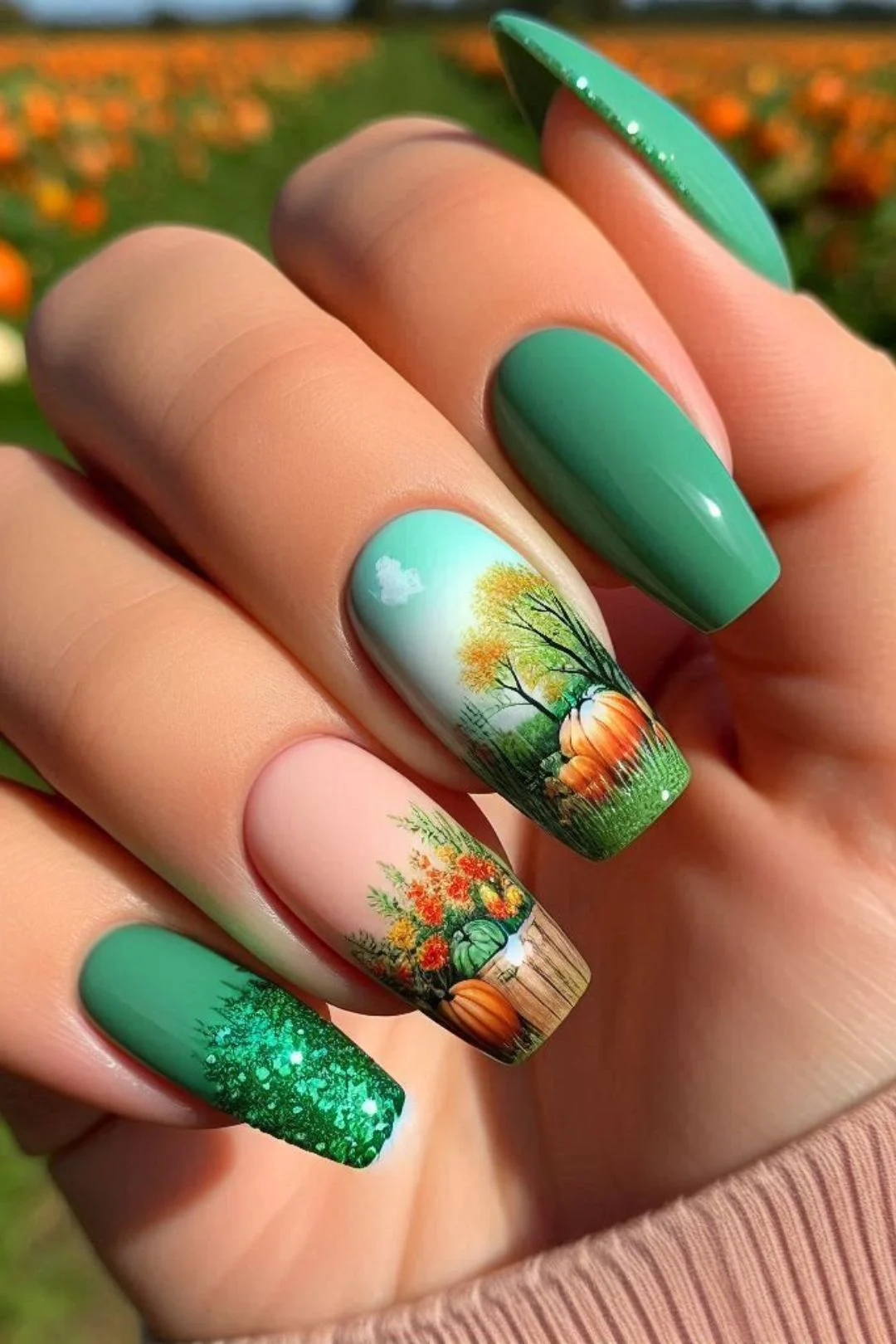 Explore stunning green nail designs for fall, featuring glitter, bright colors, and fun seasonal nail art. From deep emerald and olive tones to whimsical autumn-themed stickers, these trendy ideas will add a stylish and festive touch to your autumn look.