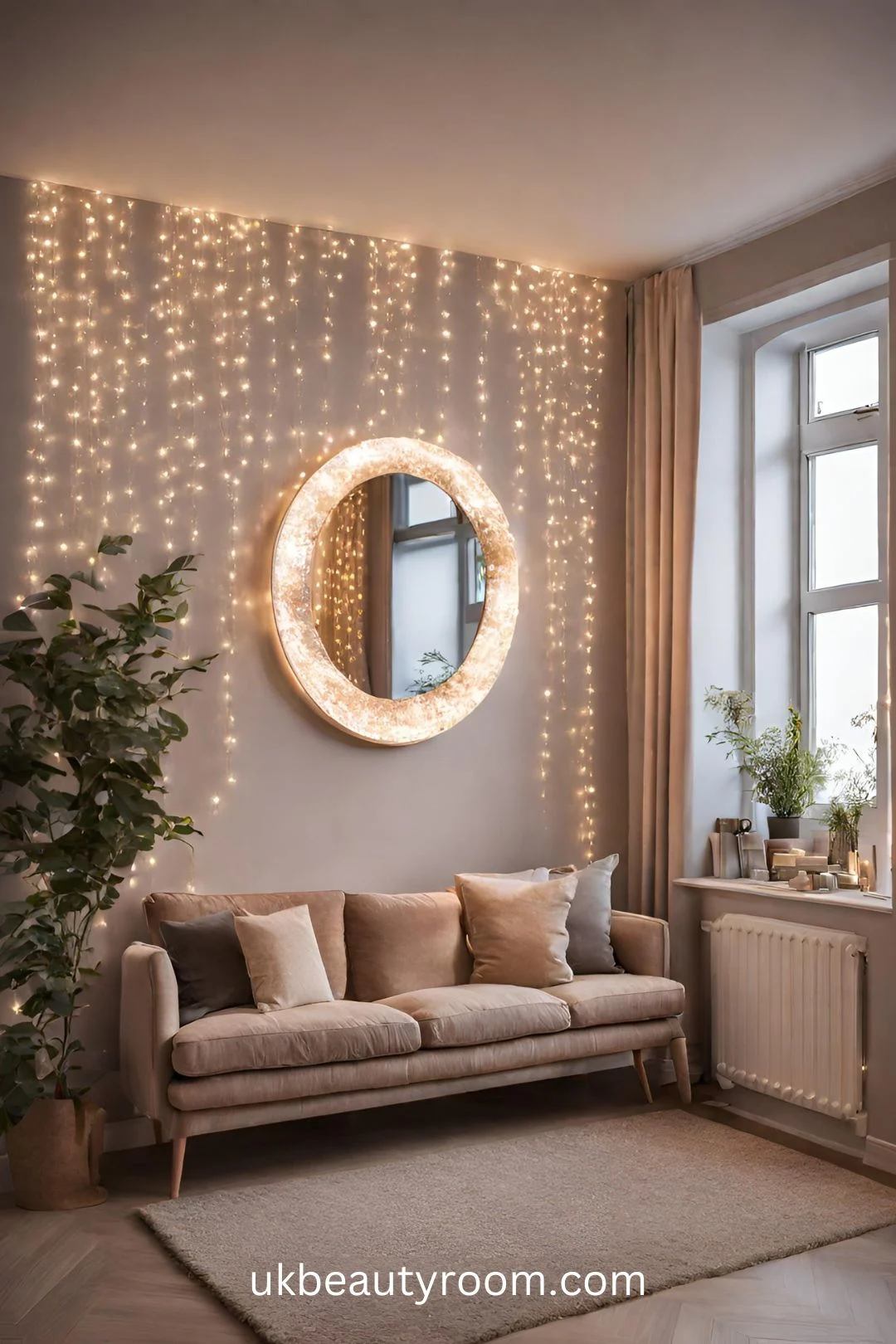 wall art with fairy lights and a decorative mirror