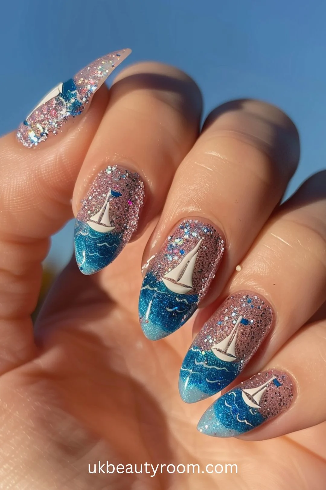 Beach nail designs are perfect for adding a fun and tropical touch to your summer look.  From ocean waves to tropical flowers, these 21 beach nail ideas capture the essence of beach vibes.  Vacations, summer, 2024, vacations almond, gel, ocean, simple, easy, acrylic, almond shape, square, short, blue, French tip.