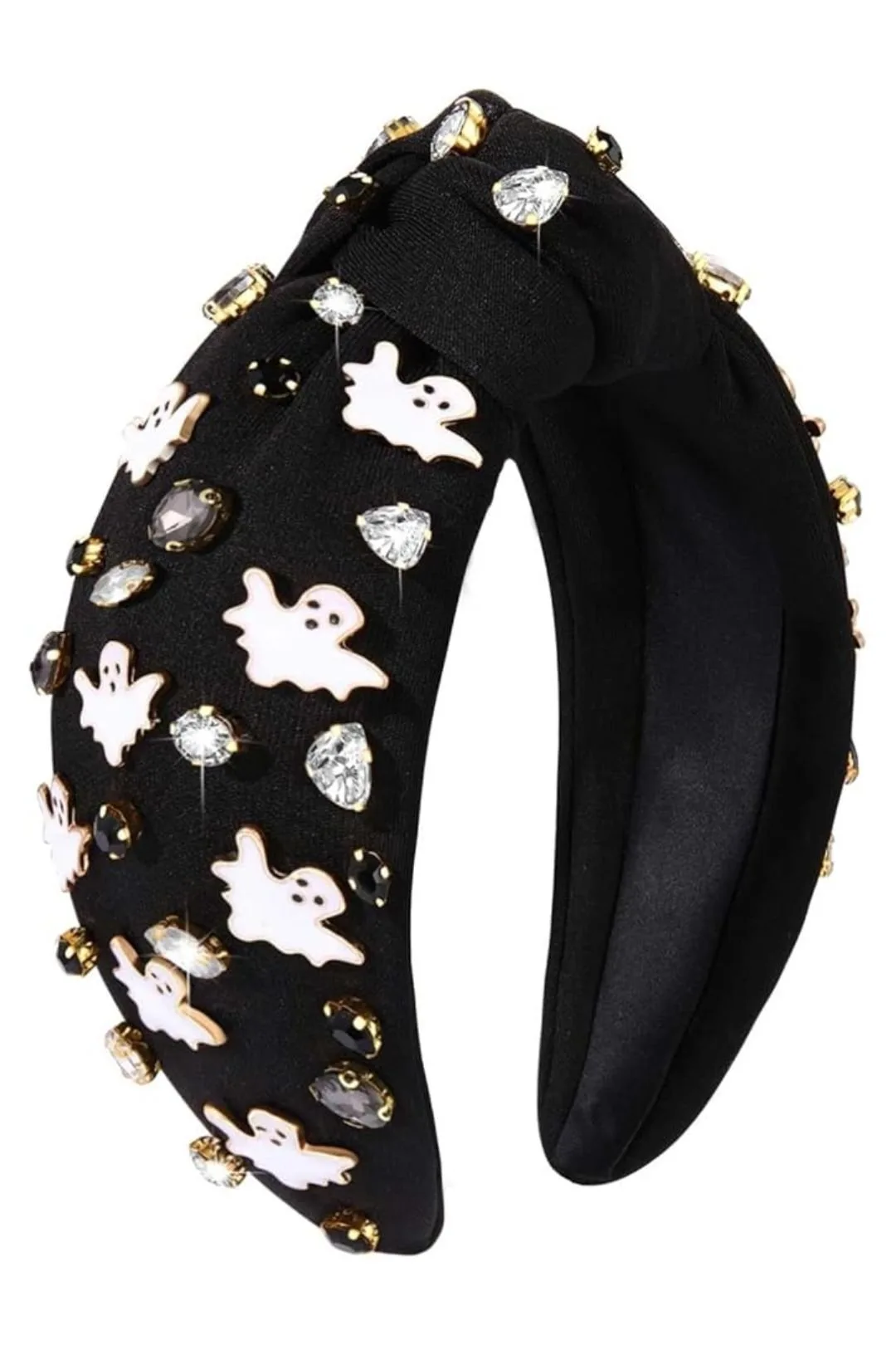 This Halloween headband features a knotted design adorned with rhinestones and spooky charms like pumpkins, ghosts, and spiders. Made from soft fabric, it’s comfortable and stays in place. Perfect for adding a touch of luxury to your Halloween look. Ideal for parties, trick-or-treating, or themed events.