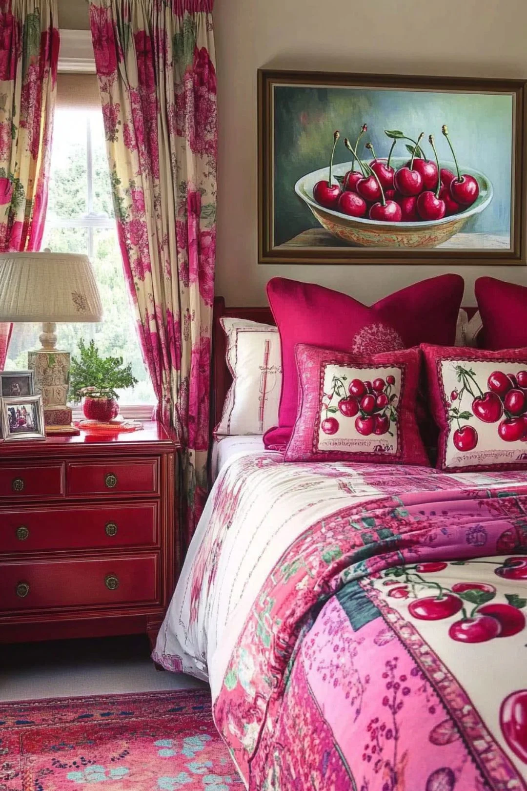 A vibrant cherry-themed bedroom featuring a bed with a cherry-printed bedspread and matching decorative pillows. A framed painting of cherries in a bowl hangs above the bed, complementing the bold red and pink decor. The room includes floral-patterned curtains, a red wooden nightstand, and a cozy, vintage-inspired aesthetic.