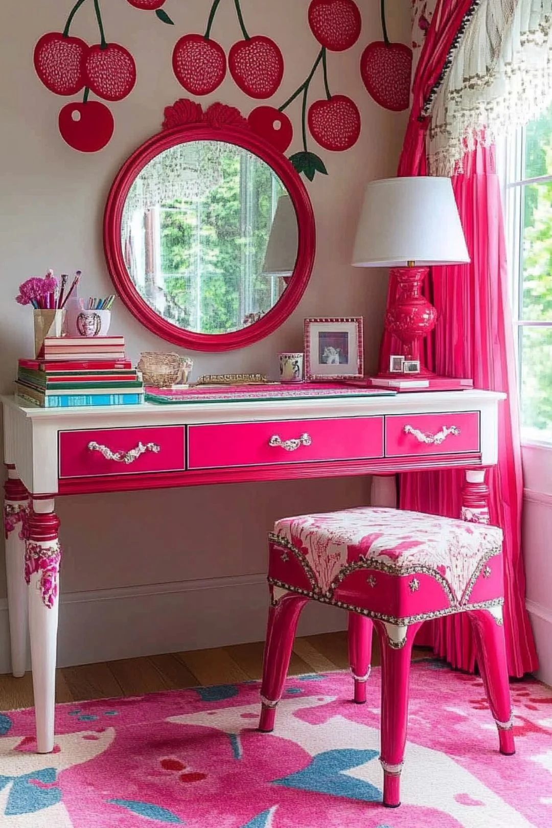 A vintage-inspired cherry-themed vanity setup with a pink and white desk featuring ornate details and a matching upholstered stool. A bold cherry mural decorates the wall, complementing the round pink-framed mirror. The space is adorned with books, a red table lamp, framed photos, and pink curtains with lace trim, creating a feminine and whimsical atmosphere.