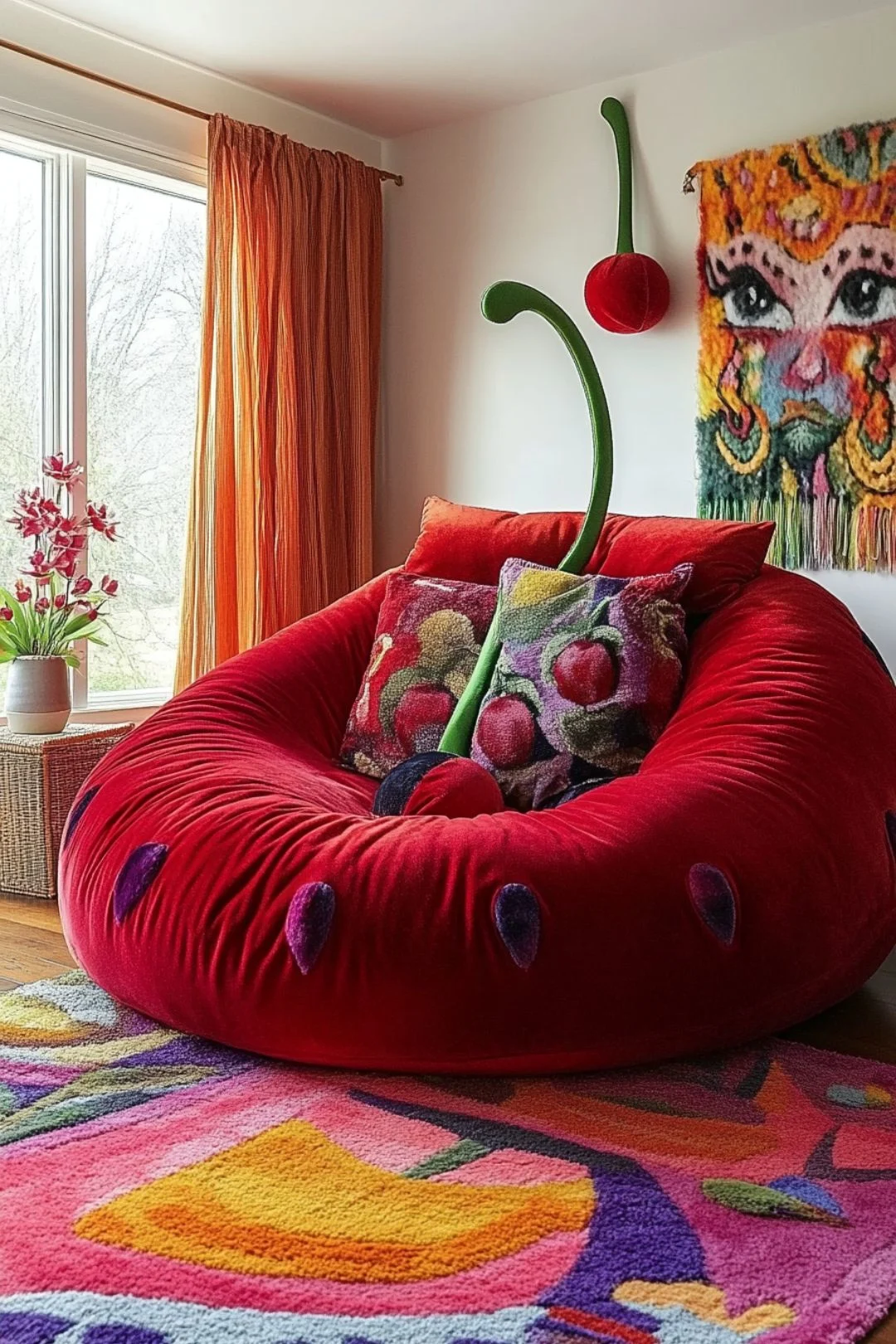 "A cozy cherry-themed lounge space featuring a plush, oversized red chair with a green cherry stem accent. The seating area is adorned with cherry-patterned pillows and a colorful, abstract rug. The room includes warm orange curtains, a woven side table, vibrant wall art, and a small vase of red flowers, creating a whimsical and inviting atmosphere.