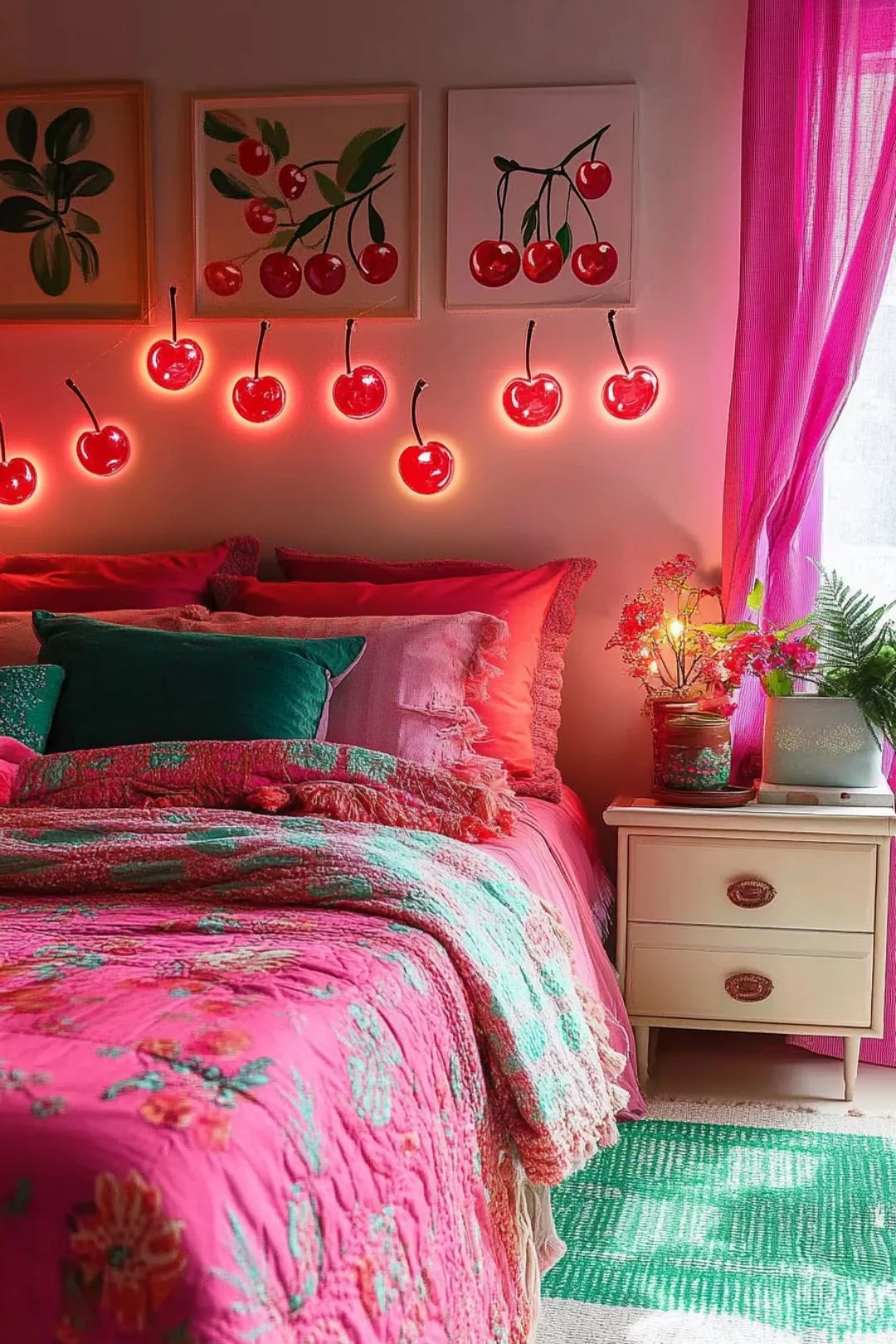 A bold and playful cherry-themed bedroom featuring glowing cherry-shaped neon lights strung across the wall. Above the bed, framed cherry artwork enhances the vibrant aesthetic. The bed is adorned with pink and teal pillows, a floral-patterned quilt, and soft textured blankets. A cream-colored nightstand with decorative cherry-themed accents sits beside a window with bright pink curtains, completing the cozy and colorful atmosphere.