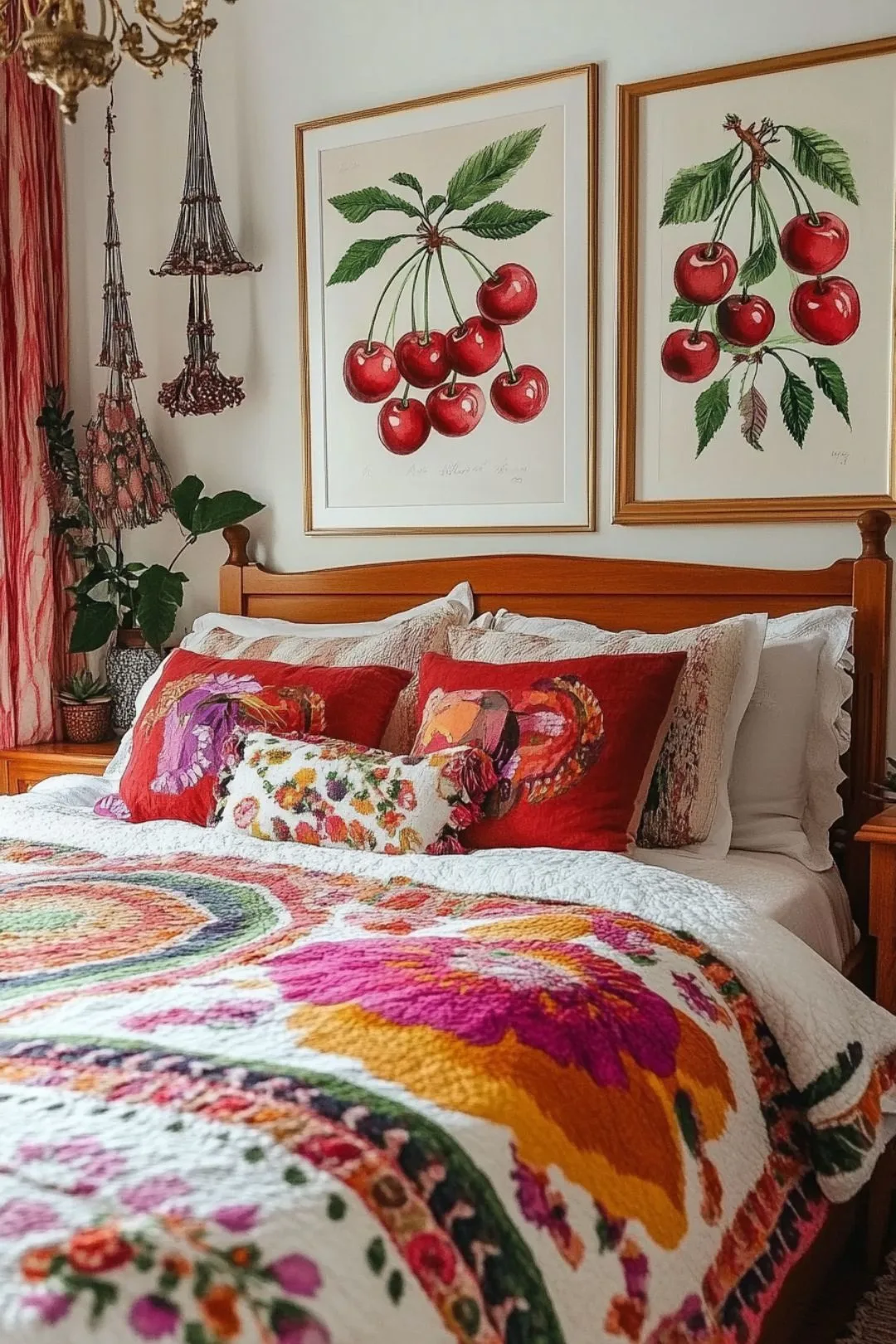 A cozy vintage-inspired bedroom featuring framed botanical cherry illustrations above a wooden bed frame. The bed is styled with a colorful floral quilt, textured throw pillows in red and orange tones, and crisp white linens. A warm-toned nightstand, hanging beaded tassel decor, and lush green plants complete the rustic yet elegant aesthetic.