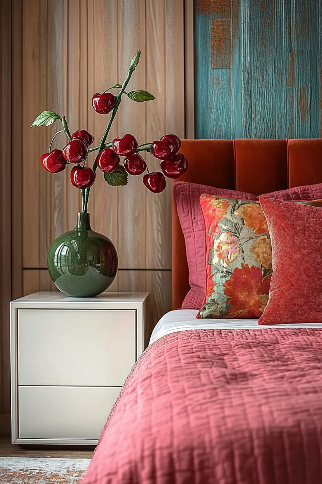 A sophisticated cherry-themed bedroom featuring a deep red quilted bedspread and floral-patterned accent pillows. A sculptural cherry branch arrangement in a glossy green vase sits atop a sleek white nightstand, adding a bold decorative touch. The backdrop includes warm wood paneling with a distressed blue accent wall, creating a cozy yet modern aesthetic.