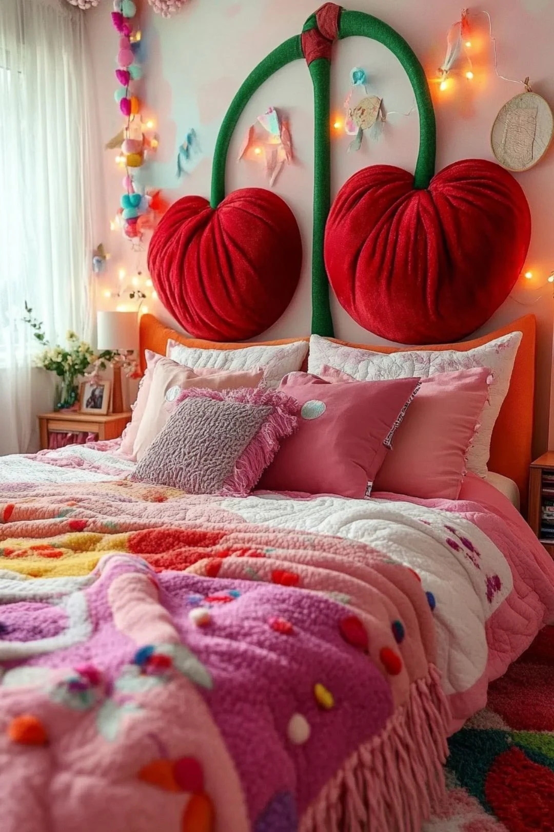 A playful and whimsical cherry-themed bedroom featuring a bold cherry-shaped headboard with plush red cushions and green stems. The bed is adorned with pink and pastel pillows, a textured multicolored blanket, and a cozy quilt. Fairy lights, colorful pom-pom garlands, and soft wall decorations add a dreamy and fun aesthetic to the space.