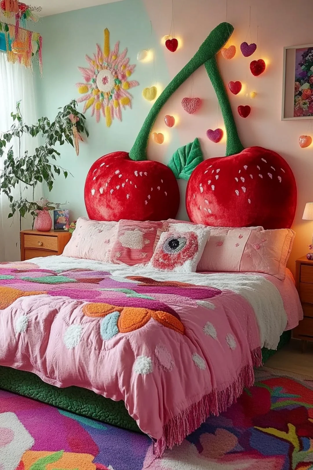 A whimsical cherry-themed bedroom featuring a giant plush cherry headboard with green stems extending up the wall. The bed is adorned with a pink and multicolored textured quilt, fluffy pastel pillows, and a cozy layered look. Heart-shaped string lights, wall art, and a vibrant patterned rug add a playful and dreamy atmosphere to the space.