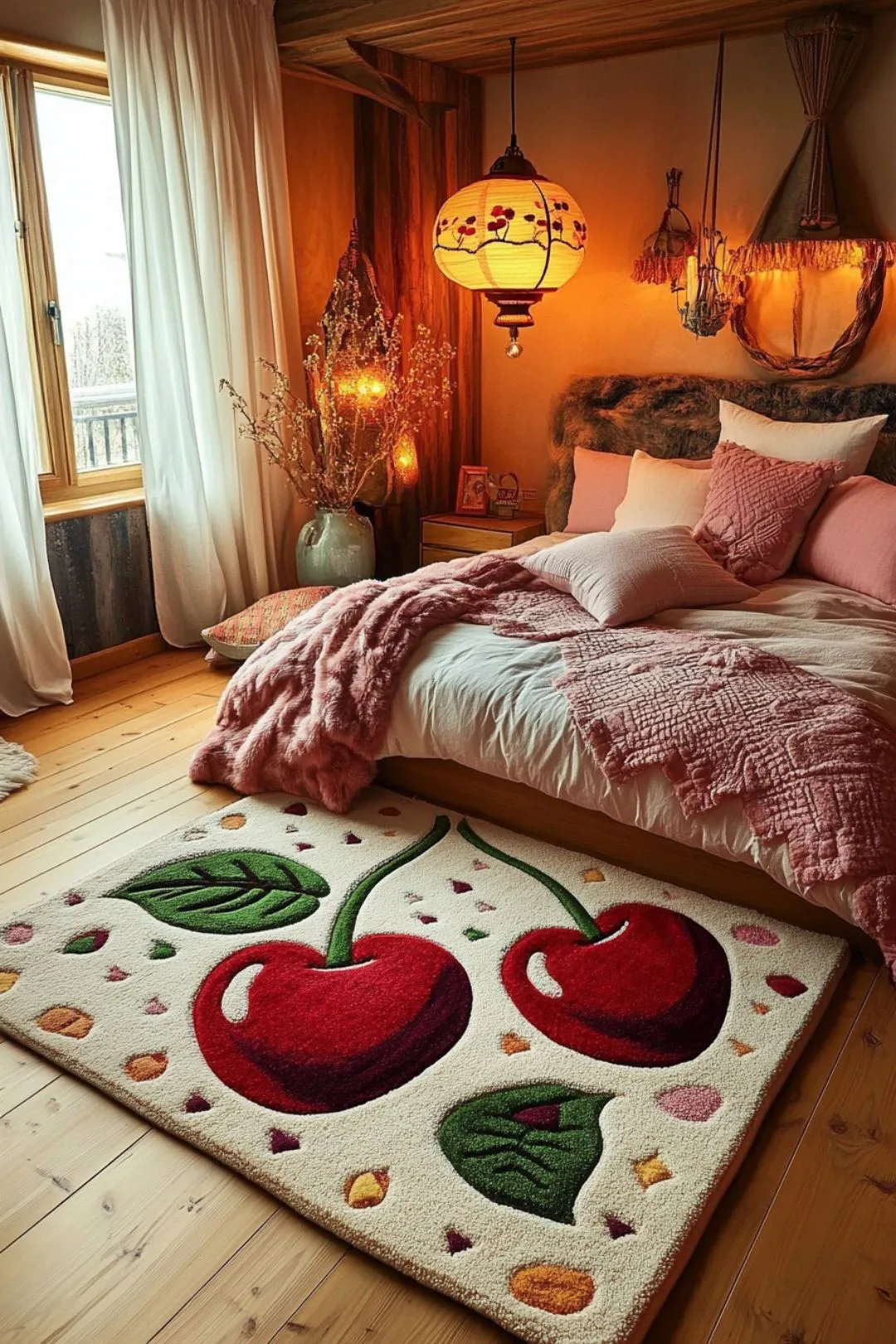 A warm and cozy rustic bedroom featuring a plush cherry-themed rug with vibrant red cherries and green leaves. The bed is layered with soft pink and neutral-toned blankets and pillows, adding texture and warmth. A hanging lantern with a cherry pattern, wooden beams, and soft ambient lighting create a relaxing and inviting atmosphere.