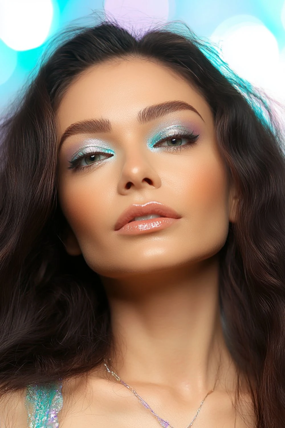 A woman with glowing skin and soft waves of dark hair looks directly at the camera. She wears shimmering blue eyeshadow with a hint of purple and a glossy lip, creating a fresh and ethereal vibe. The background has soft, colorful bokeh, enhancing the magical feel of the look.