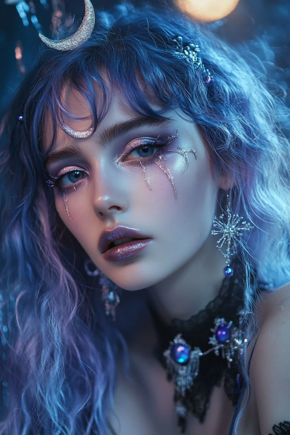 A model with soft, wavy, blue hair adorned with a glittering crescent moon headpiece and sparkling accessories. Her makeup features a stunning blend of purple and silver tones, with shimmering glitter under her eyes and dramatic eyeliner. She wears long, dangling earrings in the shape of snowflakes and a choker necklace with purple gemstones. The overall aesthetic is mystical and celestial, set against a dark, dreamy background with glowing lights.