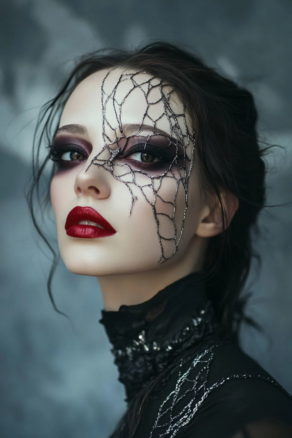 The model is wearing a dramatic dark makeup look with a bold, dark red lip and deep purple eyeshadow. A striking silver spiderweb design is drawn across the left side of her face, adding an eerie and captivating element to her appearance. The model's hair is styled in loose waves, and she is dressed in a black, high-neck top with intricate detailing. The background has a soft, blurred effect that enhances the focus on her unique and mysterious makeup.