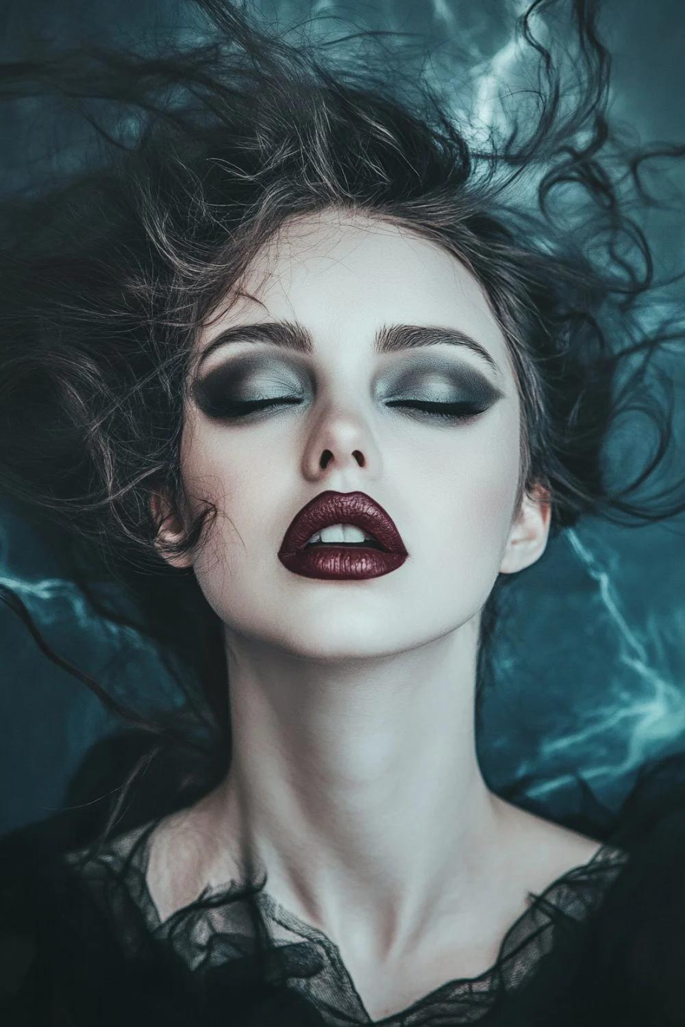 A close-up of a woman with dark, smoky eyeshadow, dramatic winged eyeliner, and deep burgundy lipstick. Her hair is tousled, appearing to float as if underwater, and her expression is serene with closed eyes, giving the image an ethereal, darkly mysterious feel.