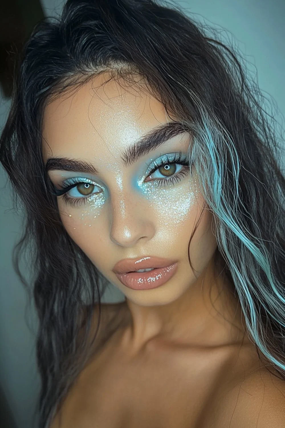 A close-up of a woman with shimmering blue eyeshadow, glitter on her cheeks, and glossy nude lips. Her wavy hair features subtle blue highlights, and her natural makeup creates a fresh and ethereal look.