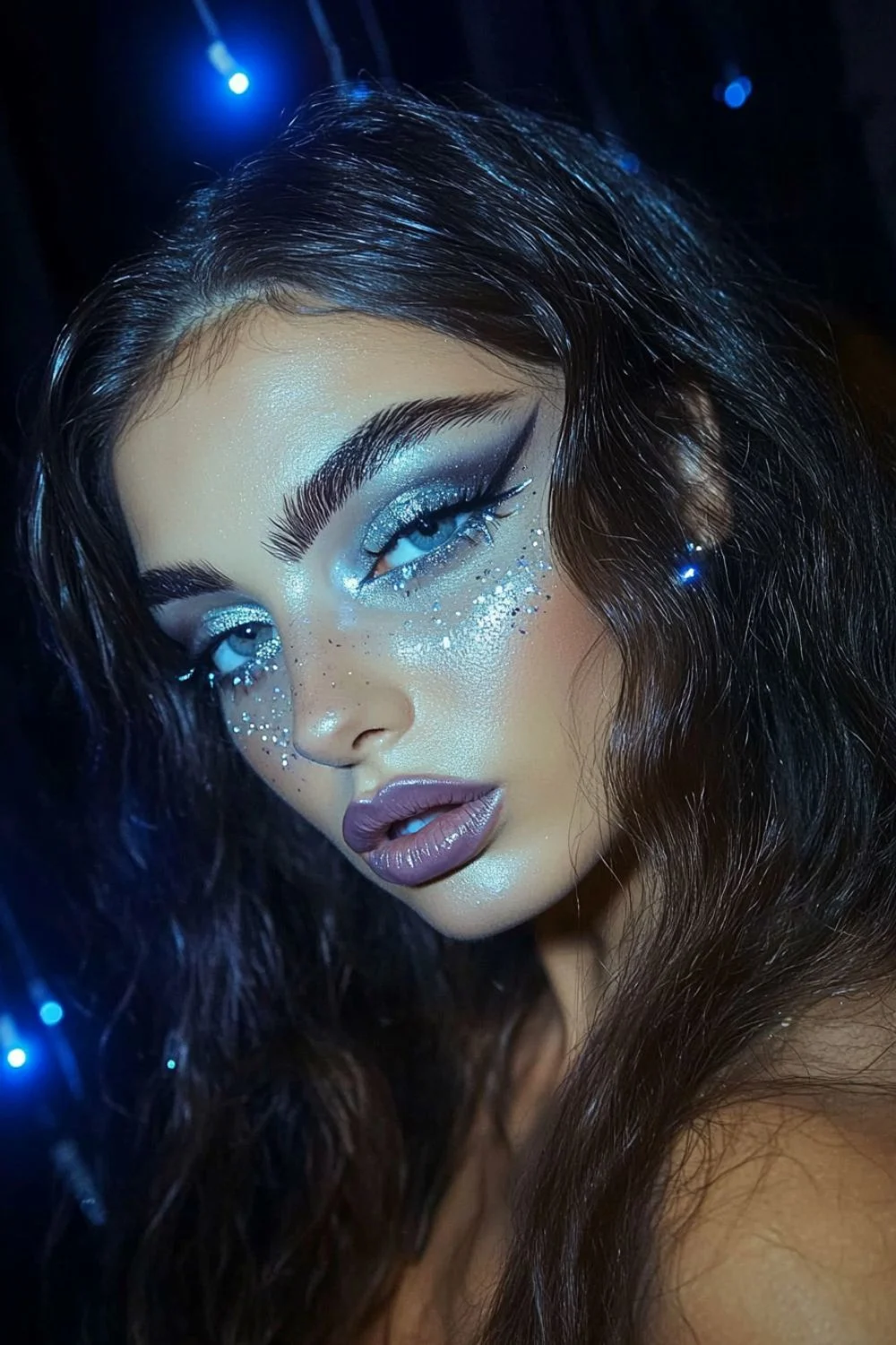 A close-up of a woman with striking blue eyeshadow, bold eyeliner, and sparkling silver glitter on her cheeks. Her lips are painted with a muted purple shade, and her wavy hair frames her face. The background is dark with hints of blue light, creating a mystical and dramatic effect.