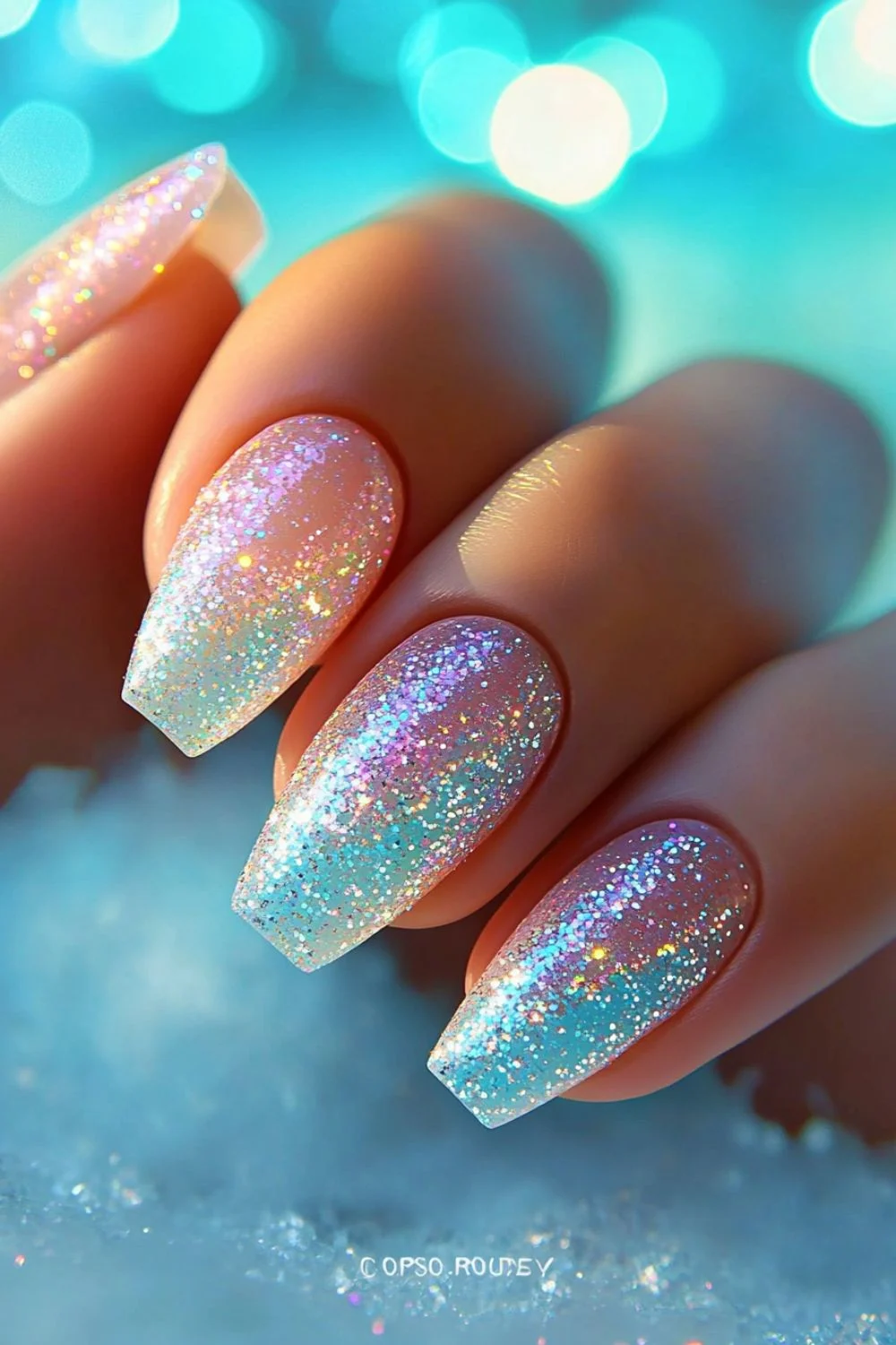 A set of long, coffin-shaped nails with a glittery ocean theme. The nails feature a soft pink-to-blue ombre effect with fine iridescent glitter, creating a sparkling, mermaid-like appearance.
