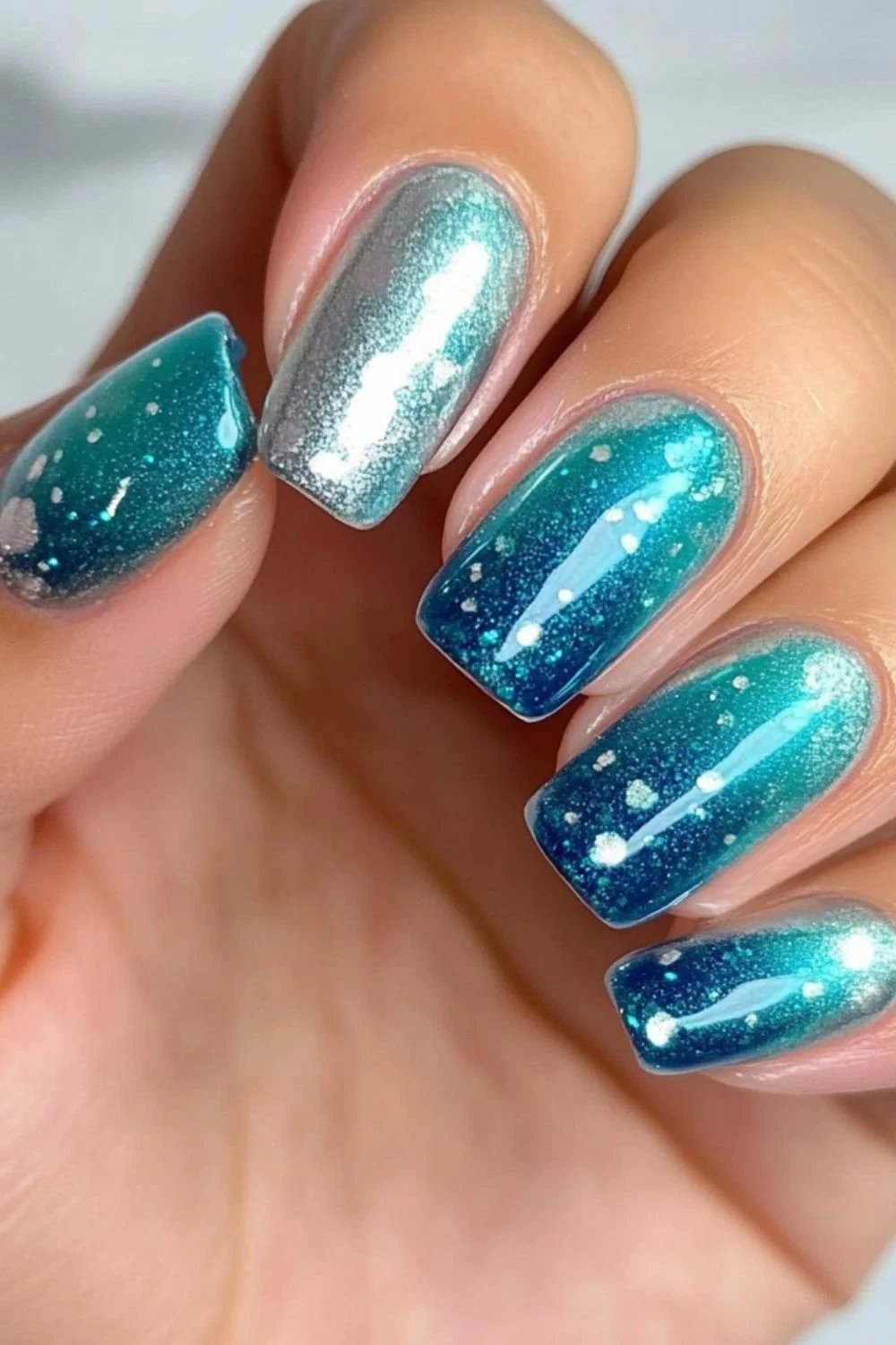 Square-shaped nails featuring a blue-to-teal gradient with silver shimmer and a metallic silver accent nail.