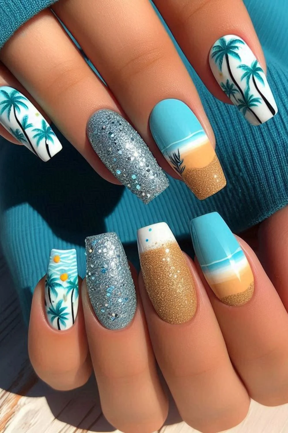 Square-shaped nails featuring palm tree designs, sandy beach gradients, ocean waves, and glitter accents for a tropical vacation-inspired manicure.