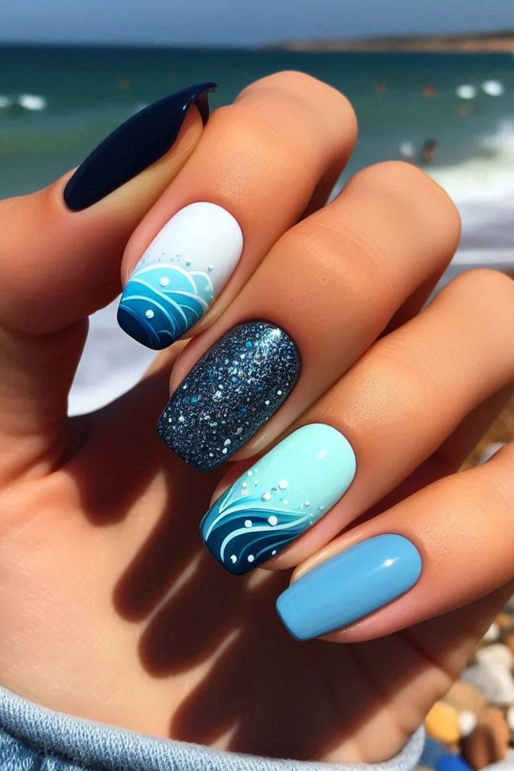 Blue and white ocean wave nail art with a mix of glossy, glitter, and hand-painted wave details for a beach-inspired manicure.
