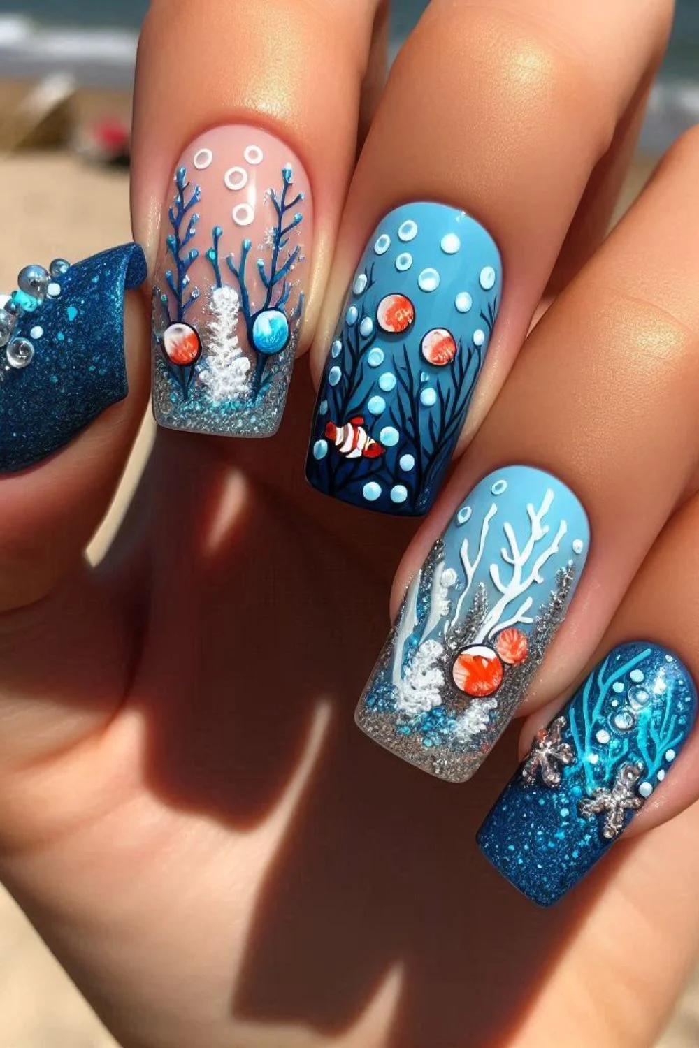 A hand with detailed underwater-themed nails, showcasing coral reef designs, bubbles, and small fish in blue and glittery tones.