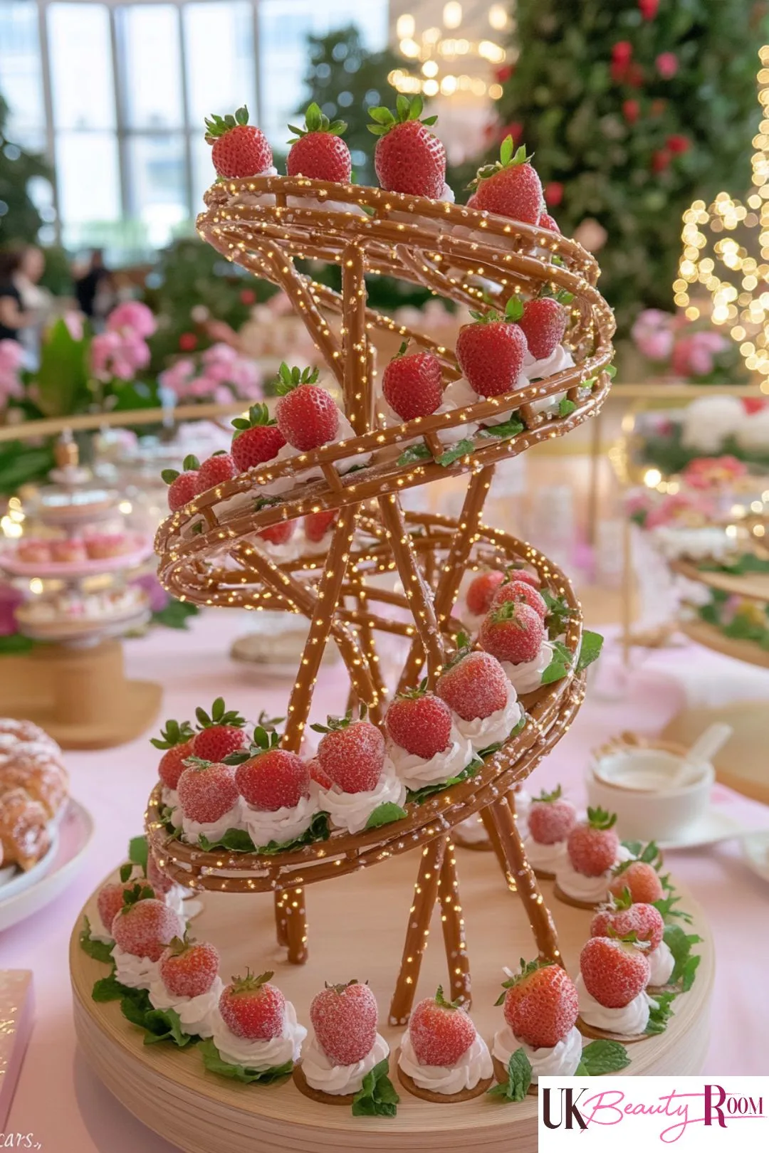A stunning strawberry roller coaster centerpiece made of pretzel tracks wrapped in fairy lights, with fresh strawberries placed on whipped cream dollops, set on an elegant dessert table.