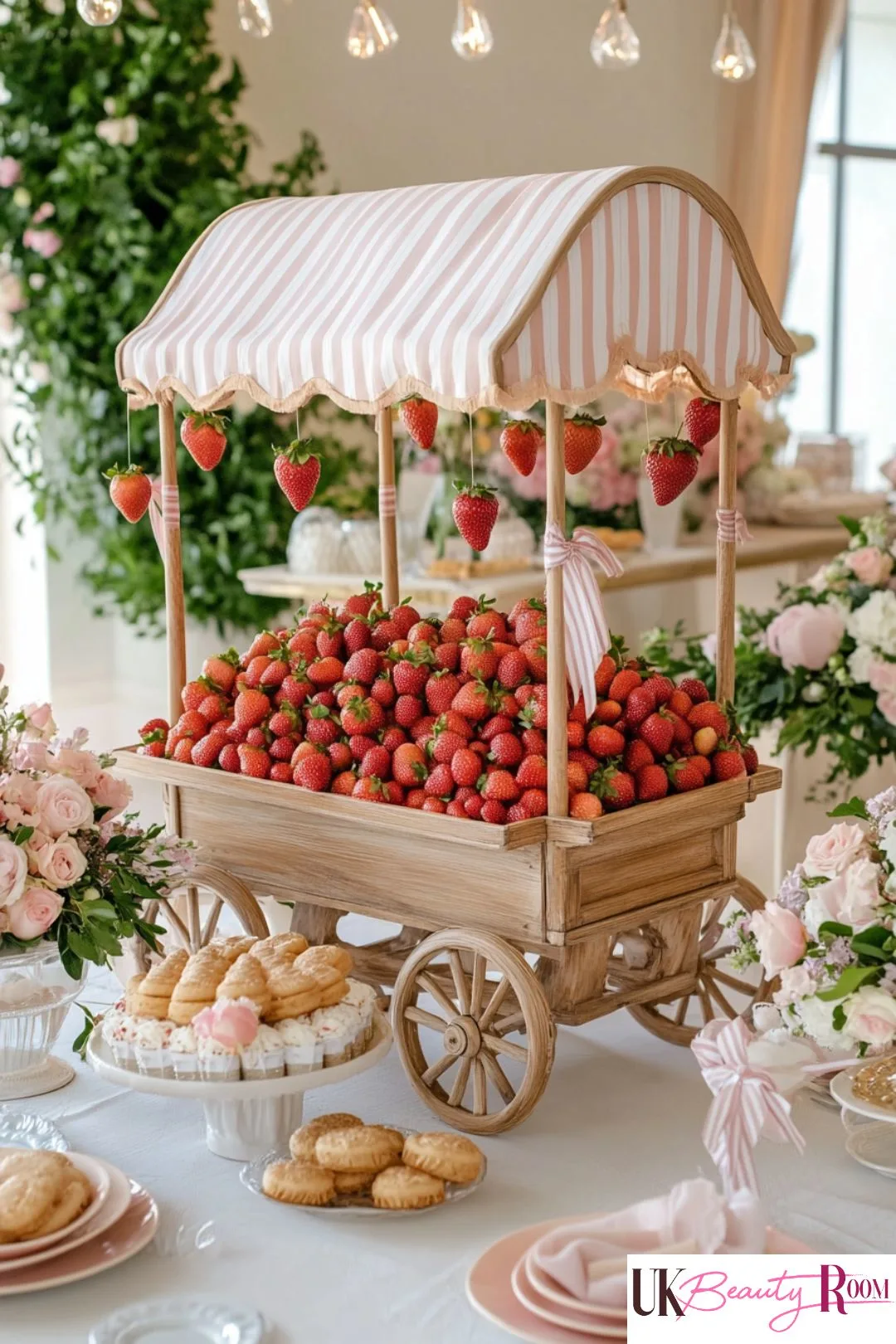 A vintage-style wooden cart filled with fresh strawberries, decorated with a pink and white striped canopy and hanging strawberries, set on an elegant dessert table with floral arrangements.